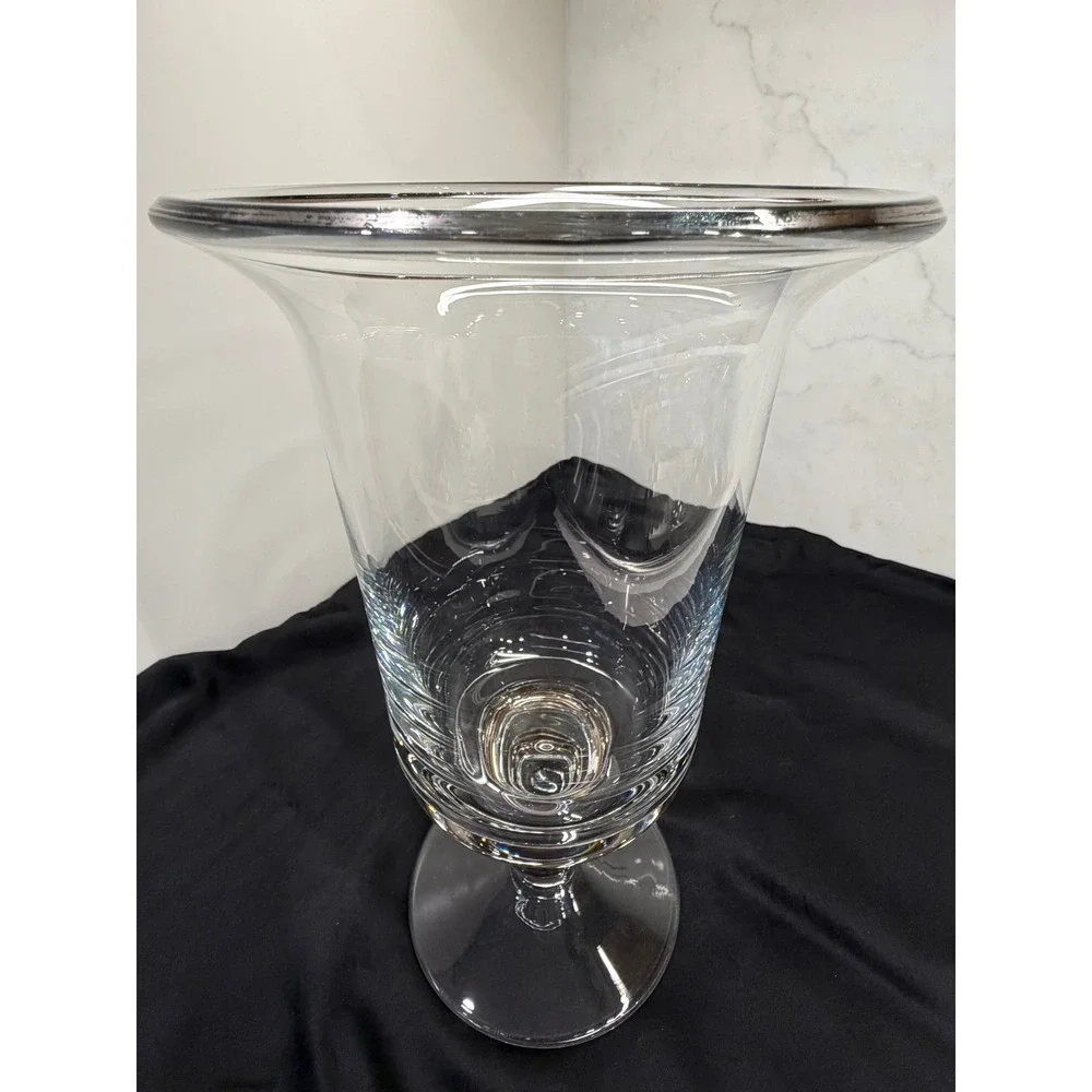Vtg Large Miller Rogaska Lead Crystal Flared Rim Platinum Trim Hurricane Vase